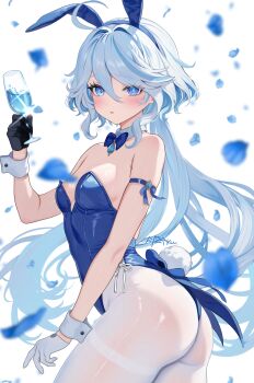 1girl absurdres alternate_costume animal_ear_hairband animal_ears armpit_crease ass asymmetrical_gloves black_gloves blue_eyes blue_leotard blush breasts champagne_flute commentary_request cup drinking_glass drop-shaped_pupils fake_animal_ears falling_petals from_side furina_(genshin_impact) genshin_impact gloves hairband highres holding holding_cup leotard long_hair looking_at_viewer mismatched_gloves pantyhose parted_lips petals playboy_bunny rabbit_ear_hairband rabbit_ears riku_(rrr_gns) small_breasts solo strapless strapless_leotard symbol-shaped_pupils wavy_hair white_background white_gloves white_pantyhose wrist_cuffs