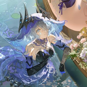 Rule 34 | 1girl, bare shoulders, black gloves, blue dress, blue eyes, breasts, chinese commentary, commentary request, detached collar, dress, duet night abyss, fingerless gloves, flower, gloves, grey hair, guaisanmu, hair over one eye, highres, horns, in water, leaning, lily pad, medium breasts, musical note, rebecca (duet night abyss), short hair, sideboob, smile, solo, veil, white veil