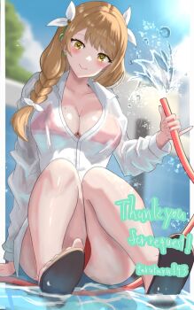 Rule 34 | 1girl, alternate costume, bare legs, bikini, bikini under clothes, blue sky, blush, braid, breasts, brown eyes, brown hair, cleavage, closed mouth, collarbone, fire emblem, fire emblem engage, goldmary (fire emblem), hair ribbon, highres, holding, holding hose, hose, large breasts, long hair, looking at viewer, low-braided long hair, low-tied long hair, mole, mole on breast, nintendo, outdoors, ponytail, pool, red bikini, ribbon, sandals, see-through clothes, shirt, sky, smile, solo, swimsuit, tarutaru193, water, wet, wet clothes, white ribbon, white shirt, yellow eyes