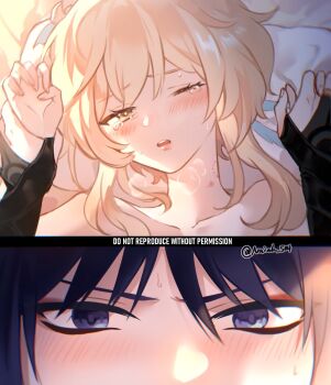 1boy 1girl armor bare_shoulders bite_mark bite_mark_on_neck black_bridal_gauntlets black_hair blonde_hair blush bridal_gauntlets choppy_bangs collarbone commentary couple curled_fingers english_commentary eyelashes eyeliner fingernails genshin_impact gold_ring head_on_pillow head_tilt hetero hickey highres holding_another's_wrist holding_hands implied_sex interlocked_fingers japanese_armor kote kurokote lumine_(genshin_impact) lying makeup middle_ring naiah_504 on_back on_bed one_eye_closed open_mouth pillow pink_lips pov pov_hands purple_eyes red_eyeliner scaramouche_(genshin_impact) short_hair short_hair_with_long_locks sidelocks steaming_body sweat tearing_up tears teeth tsurime twitter_username upper_teeth_only wanderer_(genshin_impact) watermark yellow_eyes yukadon