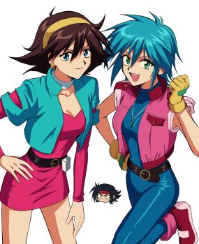 1boy 2girls allenby_beardsley belt black_hair blue_hair breasts brown_hair commentary_request domon_kasshu dress earrings g_gundam gloves green_eyes gundam hairband headband highres jewelry looking_at_viewer multiple_girls open_mouth rain_mikamura scar shirt short_hair smile tsubakiohana02 vest