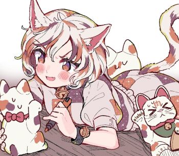 >_< 1girl animal_ear_fluff animal_ears bell blush brown_hair calico_(pattern) cat_ears cat_tail coin commentary_request fang gold goutokuji_mike holding holding_marker jingle_bell koban_(gold) lying maneki-neko marker multicolored_hair on_stomach open_mouth orange_hair patchwork_clothes puffy_short_sleeves puffy_sleeves red_neckwear red_ribbon ribbon satomachi short_hair short_sleeves skin_fang solo streaked_hair sweatdrop tail touhou v-shaped_eyebrows white_hair wooden_floor wristband yellow_eyes