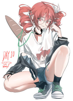 1girl absurdres ahoge baguette bare_legs bespectacled black-framed_eyewear black_choker black_jacket black_socks bow bread character_print choker converse cross cross_earrings denim denim_shorts drill_hair earrings food glasses hair_bow hair_ornament hand_on_own_knee highres jacket jewelry kasane_teto kasane_teto_(sv) looking_at_viewer loose_clothes loose_shirt off_shoulder open_clothes open_jacket red_eyes red_hair round_eyewear shirt shoes short_shorts shorts simple_background smile sneakers socks solo squatting star_(symbol) star_hair_ornament synthesizer_v twin_drills unzipped utau weeyi white_background white_bow white_shirt zipper_pull_tab
