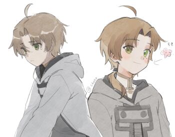 1other ahoge brown_hair cho_kooooo green_eyes hood hooded_coat looking_at_viewer mole mole_under_eye mushoku_tensei ponytail rudeus_greyrat sad smile solo white_background