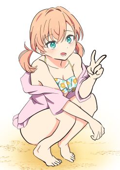 Rule 34 | 1girl, absurdres, aqua eyes, bare legs, bare shoulders, barefoot, bikini, breasts, cleavage, commentary request, crossed bangs, full body, hair ornament, hairclip, highres, hinoshita kaho, hinoshita kaho (swimsuit), jacket, link! like! love live!, looking at viewer, love live!, low twintails, medium breasts, medium hair, meteor2art, off shoulder, official alternate costume, official alternate hairstyle, open clothes, open jacket, orange hair, parallel hairclips, pink jacket, short-sleeved jacket, short sleeves, simple background, solo, squatting, string bikini, swimsuit, toes, twintails, v, virtual youtuber, white background, white bikini