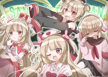 4girls @_@ absurdres apron armband black_sailor_collar black_skirt blonde_hair closed_eyes closed_mouth commentary_request crown detached_sleeves double_bun dress fang gloves hair_bun hair_ornament hat heart heart_print highres long_hair looking_at_viewer low_twintails mini_crown multiple_girls natori_sana natori_sana_(jiangshi) natori_sana_(nurse) natori_sana_(sana_channel_king) natori_sana_(school_uniform) neckerchief nurse_cap one_eye_closed open_mouth pink_apron pink_hat pink_shirt rabbit_hair_ornament red_eyes red_neckerchief sailor_collar sana_channel school_uniform serafuku shirt skirt sweatdrop tanaka_gyoran tears twintails virtual_youtuber white_gloves white_shirt