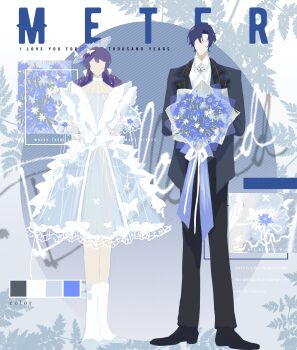 1boy 1girl absurdres alternate_costume animal_print arms_behind_back ascot black_pants black_shoes blue_background blue_dress blue_flower blue_hair blue_jacket blue_shoes bouquet bow brooch butterfly_hair_ornament butterfly_print center-flap_bangs chinese_commentary choker clarence_clayden collared_shirt color_guide colored_lapels cornflower curtained_hair dress dress_bow english_text faceless faceless_female faceless_male facing_viewer fascinator fashion flower frilled_dress frills full_body gradient_background hair_between_eyes hair_bow hair_ornament hat hat_flower heroine_(lovebrush_chronicles) highres holding holding_bouquet jacket jewelry lace lace-trimmed_dress lace_trim lapels leaf leaf_background long_hair long_sleeves lovebrush_chronicles medium_dress notched_lapels open_clothes open_jacket oval_background pants plaid_clothes plaid_lapels puffy_short_sleeves puffy_sleeves purple_hair see-through_clothes see-through_sleeves shirt shoes short_hair short_sleeves side-by-side snow234 socks standing straight-on striped_background two-tone_background white_ascot white_background white_bow white_choker white_flower white_shirt white_socks zoom_layer