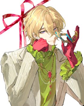 absurdres aventurine_(honkai:_star_rail) blazer blonde_hair chain chain_necklace chinese_commentary commentary_request crossed_bangs elbow_gloves fashion frilled_shirt_collar frilled_sleeves frills gem gloves green_jacket green_shirt hair_between_eyes hand_on_own_face hands_up highres holding holding_mask honkai:_star_rail honkai_(series) jacket jewelry lapels long_sleeves looking_at_viewer making-of_available mask medium_hair necklace notched_lapels photo-referenced purple_eyes qingzhi_cyanide red_gemstone red_gloves red_ribbon ribbon shirt simple_background smile upper_body white_background