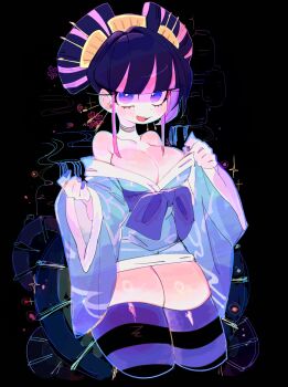 1girl alternate_costume bare_shoulders black_hair blue_kimono blunt_bangs blush breasts bright_pupils collarbone eyelashes hair_ornament hair_stick highres japanese_clothes jewelry kanzashi kimono kimono_pull large_breasts looking_at_viewer multicolored_eyes multicolored_hair nail_polish narrow_waist necklace nihongami obi open_mouth panty_&amp;_stocking_with_garterbelt pink_eyes pink_hair print_kimono purple_eyes purple_nails sash short_kimono sidelocks solo standing stocking_(psg) striped_clothes striped_thighhighs teeth thick_thighs thighhighs thighs two-tone_eyes two-tone_hair upper_teeth_only usa37107692 white_pupils wide_sleeves