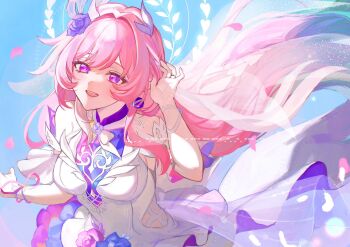 1girl bare_shoulders breasts cyrene_(honkai:_star_rail) cyrene_(ripples_of_past_reverie)_(honkai:_star_rail) dress flower hair_flower hair_ornament highres honkai:_star_rail honkai_(series) large_breasts long_hair looking_at_viewer pink_hair purple_eyes smile solo tubakkkki65 white_dress