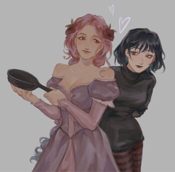 2girls alien_stage arms_behind_back bare_shoulders black_hair black_lips black_shirt blue_hair braid breasts commentary cosplay dress english_commentary fangs flower frying_pan hair_flower hair_ornament hansoupyoung highres holding holding_frying_pan hotel_transylvania juliet_sleeves long_hair long_sleeves low-braided_long_hair low-tied_long_hair mavis_dracula mavis_dracula_(cosplay) mizi_(alien_stage) multicolored_hair multiple_girls off-shoulder_dress off_shoulder pants pink_hair puffy_sleeves purple_dress rapunzel_(disney) rapunzel_(disney)_(cosplay) red_flower shirt short_hair striped_clothes striped_pants sua_(alien_stage) tangled turtleneck turtleneck_shirt two-tone_hair very_long_hair