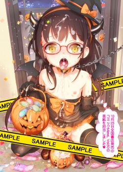 1girl animal_collar bare_shoulders bdsm black_dress black_gloves black_hat black_horns black_thighhighs black_wings bow bowtie breasts brooch brown_footwear brown_hair bucket bukkake clothes_lift clothes_pull collar collarbone commentary_request condom condom_wrapper confetti convenient_censoring crying crying_with_eyes_open cum cum_in_container cum_in_mouth cum_in_pussy cum_on_body cum_on_chest cum_on_clothes cum_on_hair cum_on_legs cum_on_tongue cumdrip demon_horns demon_wings dress dress_lift dress_pull elbow_gloves facial fake_horns fake_wings full_body furrowed_brow glasses gloves hairband halloween halloween_bucket halloween_costume hat hat_bow hat_ribbon heavy_breathing highres holding holding_bucket horn_hairband horns jewelry leash lifting_own_clothes loli long_hair looking_at_viewer matsumomo_mahiru mini_hat mini_witch_hat nipples no_panties open_mouth orange_bow orange_bowtie orange_collar orange_hairband orange_ribbon original red-framed_eyewear ribbon round_eyewear sample_watermark slave small_breasts solo speech_bubble squatting strapless strapless_dress tears teeth thighhighs thought_bubble tilted_headwear tongue tongue_out translation_request upper_teeth_only used_condom watermark wings witch_hat yellow_eyes