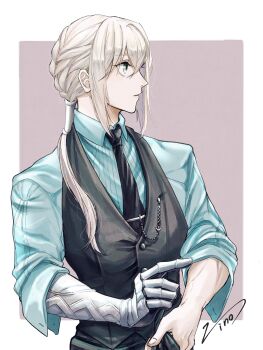 1boy airgetlam_(fate) alternate_costume aqua_shirt bedivere_(fate) black_necktie black_vest border braid brown_background chain collared_shirt commentary fate/grand_order fate_(series) french_braided_twintails from_side green_eyes grey_hair hair_between_eyes hair_over_shoulder hair_tubes highres holding jino_(zino_nonono) long_hair looking_ahead male_focus necktie outside_border parted_lips profile prosthesis prosthetic_arm shirt signature simple_background sleeves_rolled_up solo tie_clip toned toned_male upper_body vest white_border
