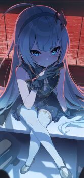 1girl absurdres black_dress black_gloves black_hairband blue_eyes closed_mouth commentary_request crossed_legs dress female_tyrant_(stella_sora) gloves grey_hair hairband hand_up highres long_hair looking_at_viewer pointy_ears sitting sleeveless sleeveless_dress smile solo stella_sora thighhighs tyrant_(stella_sora) v-shaped_eyebrows white_thighhighs xubai