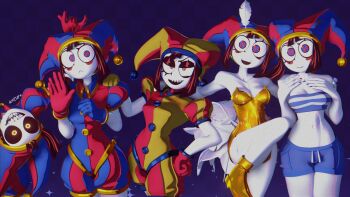 artist_name asymmetrical_gloves blue_eyes blue_gloves blue_hat blue_shirt blue_shorts boots breasts cancan_dance checkered_background cowboy_shot dotflare evil_pomni_(the_amazing_digital_circus) gloves gold_boots gold_leotard hand_on_own_hip hat highres jester_cap jester_costume knee_up leotard looking_at_viewer medium_breasts midriff multicolored_eyes multiple_views navel pomni_(the_amazing_digital_circus) purple_background red_eyes red_gloves red_hair sharp_teeth shirt shorts striped_clothes striped_shirt teeth the_amazing_digital_circus two-tone_eyes two-tone_hat two-tone_shirt white_shirt yellow_hat