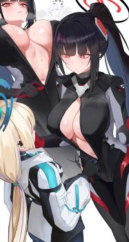 Rule 34 | 3girls, absurdres, aernius, black hair, blonde hair, blue archive, blue hair, blunt bangs, blush, bodysuit, breasts, cleavage, commentary request, earpiece, halo, headgear, highres, himari (armed) (blue archive), himari (blue archive), jacket, large breasts, long hair, multicolored hair, multiple girls, navel, ponytail, red eyes, ringed eyes, rio (armed) (blue archive), rio (blue archive), streaked hair, toki (blue archive)