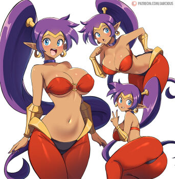 1girl :d ass blue_eyes breasts butt_crack commentary dark-skinned_female dark_skin finger_to_own_chin highres jarckius large_breasts long_hair looking_at_viewer multiple_views navel open_mouth pointy_ears ponytail purple_hair shantae shantae_(series) smile v watermark web_address