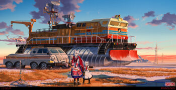 2girls apron boots child cloud commentary_request diesel_locomotive dress highres leather leather_boots locomotive motor_vehicle multiple_girls neckerchief outdoors radio_tower red_apron red_neckerchief russian_text satellite_dish scenery school_uniform science_fiction screw-propelled_vehicle sion005 sky soviet truck wheel white_dress white_hair