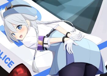 1girl absurdres ass bent_over blue_archive blue_eyes blush braid car cuffs dress embarrassed from_behind gloves grey_hair handcuffed handcuffs hat highres kirino_(blue_archive) long_hair looking_at_viewer motor_vehicle nokonoko open_mouth pantyhose police police_car police_hat police_uniform policewoman short_dress solo sweatdrop twin_braids