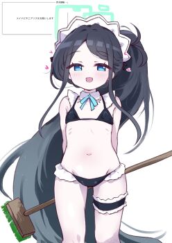 1girl adapted_costume aris_(blue_archive) aris_(maid)_(blue_archive) bikini black_bikini black_hair blue_archive blue_eyes commentary flat_chest halo highres kurosaki_kousuke loli long_hair looking_at_viewer maid maid_bikini maid_headdress navel open_mouth request_inset simple_background smile solo swimsuit translated unconventional_maid very_long_hair white_background