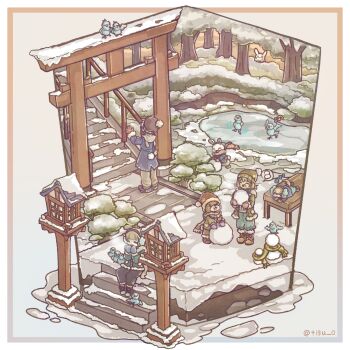 3girls :d animal beanie bird blonde_hair boots border chigu closed_eyes coat commentary_request day dog earmuffs hat highres multiple_girls open_mouth original outdoors outside_border pants scarf short_hair smile snow stairs standing torii tree twitter_username white_border winter winter_clothes