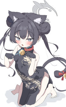 1girl absurdres animal_collar animal_ears barefoot bell black_dress black_gloves black_hair blue_archive bow braid braided_bun breasts butterfly_hair_ornament cat_ears cat_girl cat_tail china_dress chinese_clothes collar double_bun dragon_print dress gloves grey_eyes grey_halo hair_bun hair_ornament halo hands_up highres jingle_bell kisaki_(blue_archive) kneeling knees_together_feet_apart loli long_hair looking_at_viewer natsukari_na neck_bell open_mouth paw_pose pelvic_curtain print_dress red_collar bad_tag simple_background sleeveless sleeveless_dress small_breasts solo tail tail_bow tail_ornament tiptoes twintails white_background