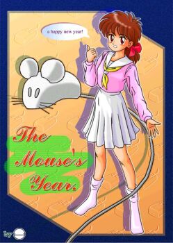 Rule 34 | 1girl, artist logo, bow, brown eyes, brown hair, chinese zodiac, computer mouse, drop shadow, english text, full body, hair bow, hand up, happy new year, konhoi, logo, looking at viewer, medium hair, mouse (animal), neckerchief, new year, no shoes, open mouth, original, pink shirt, pleated skirt, red bow, sailor collar, shirt, skirt, smile, socks, solo, speech bubble, standing, thumbs up, white sailor collar, white skirt, white socks, year of the rat, yellow neckerchief