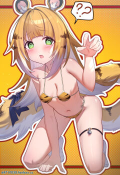 1girl ? ?? @_@ animal_ear_fluff animal_ears animal_print bare_shoulders bell bikini blonde_hair blush bow breasts claw_pose colored_inner_hair commentary_request fang green_eyes halterneck highres jingle_bell ju_fufu kneeling loli long_hair looking_at_viewer micro_bikini multicolored_hair navel open_mouth orange_bikini outline paid_reward_available print_bikini red_outline side-tie_bikini_bottom skindentation small_breasts socks solo speech_bubble spoken_question_mark string_bikini sweatdrop swimsuit tail tail_bow tail_ornament thigh_strap tiger_ears tiger_girl tiger_print tiger_print_bikini tiger_tail uneg very_long_hair white_hair white_outline white_socks zenless_zone_zero