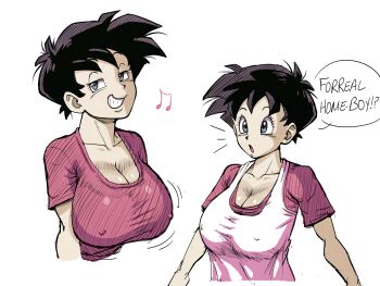 absurdres black_hair bouncing_breasts breasts camisole covered_erect_nipples dragon_ball dragonball_z english_text highres large_breasts multiple_views naughty_face pseudocel short_hair smirk speech_bubble surprised tomboy videl