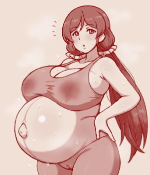 1girl big_belly bra breasts cameltoe commentary_request grey_bra grey_pants hair_ornament hair_scrunchie hands_on_own_hips huge_breasts knightraid000 linea_nigra long_hair love_live! love_live!_school_idol_project low_twintails lowres navel open_mouth outie_navel pants pregnant scrunchie solo sports_bra stained_bra sweat tojo_nozomi twintails underwear workout_clothes yoga_pants