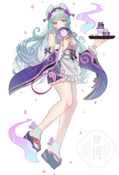 1girl absurdres apron black_bow blue_hair blush bow breasts closed_mouth commentary dango dango_milk_(genshin_impact) detached_sleeves food frilled_apron frilled_hairband frills full_body genshin_impact hairband hand_fan highres holding holding_fan holding_tray long_hair long_sleeves looking_at_viewer medium_breasts nihongami okobo platform_clogs platform_sandals purple_eyes sakuraso sandals smile socks solo tail tapir_tail tray very_long_hair wagashi waist_apron white_apron white_background white_socks yumemizuki_mizuki