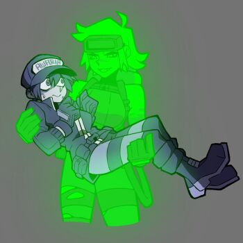 Rule 34 | 2girls, awaria, boots, carrying, commentary, cropped legs, english commentary, frown, full body, ghost, ghost girl, glowing, goggles, goggles on head, grey background, highres, jacket, knew nothing, looking at another, multiple girls, nikita naprava, princess carry, short hair, sidelocks, simple background, ula usterka, yuri