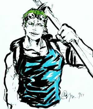 1boy artist_name earrings goggles green_hair jewelry male_focus one_piece open_mouth roronoa_zoro ryu-911 sheath sheathed sketch skypiea solo sword tank_top weapon