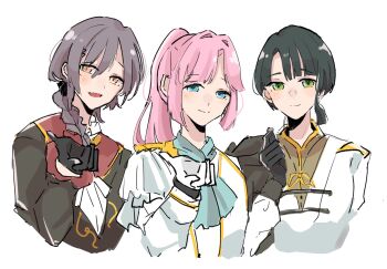 Rule 34 | 3girls, :d, alternate costume, anyoji hime, ascot, black gloves, black hair, blue ascot, blue eyes, braid, closed mouth, commentary request, gloves, green eyes, hair over shoulder, high ponytail, highres, jacket, katsuragi izumi, link! like! love live!, long hair, looking at viewer, love live!, low side ponytail, momose ginko, multiple girls, offering hand, open mouth, orange eyes, pink hair, ponytail, prince, roku aya fuyu, short hair, short side ponytail, simple background, single braid, slit pupils, smile, split mouth, virtual youtuber, white background, white gloves, white jacket