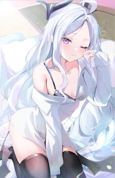 1girl absurdres ahoge black_bra black_thighhighs blue_archive bra closed_mouth commentary_request demon_horns demon_wings duplicate felnemo highres hina_(blue_archive) horns open_clothes open_shirt pillow pixel-perfect_duplicate purple_eyes shirt solo squeans thighhighs underwear white_hair white_shirt wings