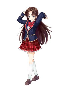 1girl black_eyes bow bowtie brown_hair brown_shoes full_body girlfriend_(kari) hayashida_tamaki jacket legs loafers long_hair looking_at_viewer official_art plaid_clothes plaid_skirt pleated_skirt qp:flapper raised_inner_eyebrows red_bow red_bowtie red_skirt school_uniform shoes simple_background skirt smile socks solo standing thighs transparent_background white_socks