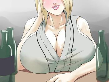 1girl alcohol artist_request blonde_hair blush blush bottle breasts cleavage drunk facing_viewer female_focus hokage huge_breasts lipstick makeup mature_female naruto_(classic) naruto_(series) naruto_shippuuden sake sake_bottle seducing_viewer seductive_gaze seductive_smile smile smirk table tsunade_(naruto)