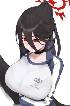 1girl absurdres black_choker black_hair blue_archive breasts choker closed_mouth commentary_request gym_uniform hair_between_eyes halo hasumi_(blue_archive) hasumi_(track)_(blue_archive) highres huge_breasts long_hair looking_down ponytail red_eyes red_halo revision ruha_(ruha12haru) shirt simple_background solo upper_body white_background white_shirt