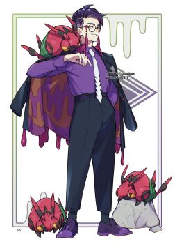 1boy arm_up black-framed_eyewear black_coat black_pants coat coat_on_shoulders collared_shirt commentary_request corbeau_(pokemon) full_body gen_5_pokemon glasses grin hand_in_pocket highres hua_(supa_jopa) inset_border long_sleeves male_focus necktie nintendo on_shoulder pants parted_hair pokemon pokemon_(creature) pokemon_legends:_z-a pokemon_on_shoulder purple_hair purple_shirt purple_shoes round_eyewear shirt shirt_tucked_in shoes short_hair smile socks solo standing two-sided_coat two-sided_fabric venipede white_necktie wing_collar
