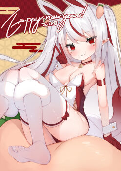 1girl 2026 animal_ears bare_shoulders breasts carrot_hair_ornament cisyo closed_mouth collarbone commentary_request egasumi food-themed_hair_ornament gloves hair_ornament happy_new_year highres leotard long_hair medium_breasts multicolored_hair new_year no_shoes original rabbit_ears red_eyes red_gloves red_hair red_leotard see-through_clothes smile soles solo strapless strapless_leotard streaked_hair thighhighs two_side_up very_long_hair white_leotard white_thighhighs wrist_cuffs yagasuri