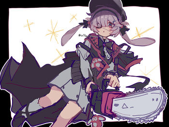 1girl :o animal_ears arknights black_border black_hairband black_hat black_shoes black_vest blush border braid chainsaw coffee_toranpu commentary_request dress eyepatch grey_dress grey_hair grey_socks hair_between_eyes hair_ornament hairband hat highres holding holding_chainsaw long_sleeves looking_at_viewer official_alternate_costume parted_lips popukar_(arknights) popukar_(witch&#039;s_swing)_(arknights) puffy_long_sleeves puffy_sleeves rabbit_ears red_eyes shoes sketch socks solo twitter_username vest white_background x_hair_ornament