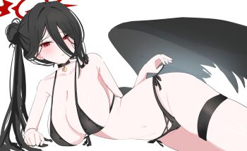 Rule 34 | 1girl, absurdres, bare shoulders, bikini, black bikini, black choker, black hair, black ribbon, blue archive, breasts, choker, commentary request, feathered wings, hair between eyes, hair bun, halo, hasumi (blue archive), hasumi (swimsuit) (blue archive), highres, kyureizi, large breasts, legband, long hair, long hair between eyes, looking at viewer, low wings, navel, official alternate costume, red eyes, red halo, ribbon, simple background, solo, swimsuit, wings