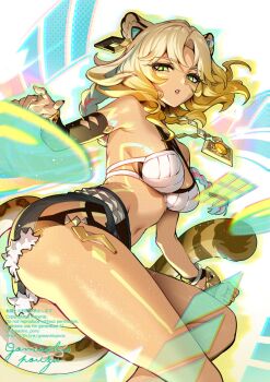 1girl absurdres animal_ears ass bare_shoulders blonde_hair bra breasts cleavage clenched_hand detached_sleeves from_side genshin_impact geo_symbol_(genshin_impact) gomashio_ponz green_eyes highres jaguar_ears jaguar_girl jaguar_tail jewelry large_breasts long_hair looking_at_viewer navel necklace shorts signature simple_background solo stomach tail thighs underwear vision_(genshin_impact) white_background xilonen_(genshin_impact)