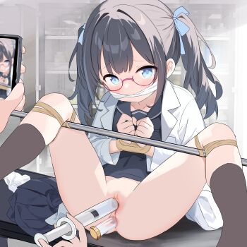 1girl absurdres anal anal_object_insertion bdsm black_hair black_socks blue_eyes bondage bound censored commission gagged glasses highres lab_coat large_variant_set loli mosaic_censoring object_insertion original pawrorikon pixiv_commission pussy school_uniform skirt socks twintails vaginal vaginal_object_insertion variant_set