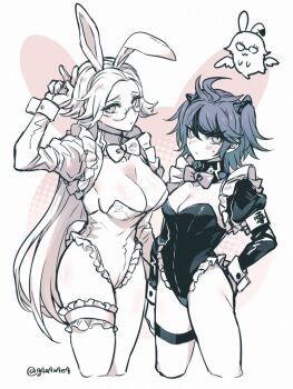 Rule 34 | 2girls, :3, animal ear hairband, animal ears, aotsuki eito, armband, bow, bowtie, breasts, chibi, chibi inset, cleavage, commentary request, crossed legs, detached collar, detached sleeves, fake animal ears, frilled leotard, frilled sleeves, frilled thigh strap, frills, genderswap, genderswap (mtf), glasses, greyscale, hair bow, hairband, highres, juliet sleeves, large breasts, last defense academy school uniform, leotard, long hair, long sleeves, looking at viewer, medium breasts, monochrome, multicolored hair, multiple girls, nontraditional playboy bunny, playboy bunny, puffy sleeves, rabbit ears, school uniform, short hair, short twintails, sleeve cuffs, small sweatdrop, strapless, strapless leotard, streaked hair, sumino takumi, the hundred line -last defense academy-, thigh strap, twintails, twitter username, wa ga ne