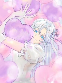 1girl blue_eyes closed_mouth colored_eyelashes commentary dress earrings elbow_gloves english_commentary gloves hair_ribbon heart heart_earrings highres iris_wen jewelry looking_at_viewer love_curse:_find_your_soulmate pale_skin puffy_short_sleeves puffy_sleeves purple_ribbon quillquille ribbon short_sleeves smile solo white_dress white_eyelashes white_gloves white_hair