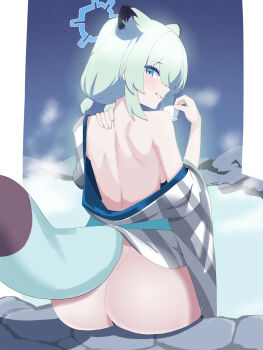 Rule 34 | 1girl, absurdres, animal ears, ass, back, bath yukata, blue archive, blue halo, butt crack, choko (cup), commentary, cup, from behind, grey kimono, halo, haori, hideinroom, highres, japanese clothes, kimono, looking at viewer, looking back, naked kimono, official alternate costume, onsen, shigure (blue archive), shigure (hot spring) (blue archive), sideways glance, sitting, solo, striped clothes, striped kimono, tail, vertical-striped clothes, vertical-striped kimono, weasel ears, weasel girl, weasel tail, yagasuri, yukata