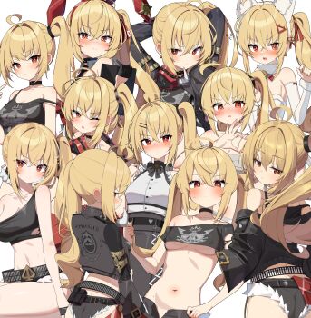 1girl absurdres ahoge alternate_costume animal_ears arms_behind_head arms_up ass bare_shoulders belt black_choker black_jacket black_shirt black_shorts blush breasts bright_pupils choker cleavage closed_mouth covered_erect_nipples crop_top cutoffs detached_collar detached_sleeves fake_animal_ears from_behind fur_collar hair_ornament hairband hairclip heart heart_hands highres jacket large_breasts long_hair long_sleeves looking_at_viewer looking_back luciana_de_montefio mask mask_around_neck medium_breasts micro_shorts midriff multiple_views navel nose_blush off_shoulder one_eye_closed open_fly open_mouth red_eyes shirt short_shorts shorts side_ponytail sidelocks single_sleeve sleeveless sleeveless_shirt stomach strap_slip thighs torn_clothes torn_shirt twintails underboob v-shaped_eyebrows w.k white_shirt zenless_zone_zero