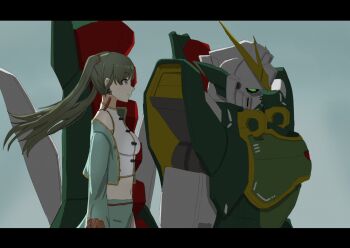 Rule 34 | 1girl, altron gundam, bare shoulders, birdcinder, blush, chinese clothes, closed mouth, commentary request, earrings, glowing, glowing eyes, green eyes, green hair, gundam, gundam wing, gundam wing: endless waltz, highres, idolmaster, idolmaster shiny colors, jewelry, long hair, mecha, mobile suit, nanakusa nichika, robot, solo, twintails, v-fin