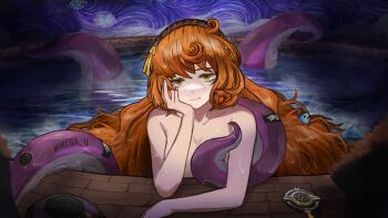 1girl arm_support bath bathing breasts brown_hairband closed_mouth commentary convenient_tentacle empty_eyes english_commentary fish freckles green_eyes hairband hand_on_own_cheek hand_on_own_face highres ishmael_(project_moon) limbus_company long_hair looking_at_viewer medium_breasts nai_ga_(style) night nude orange_hair outdoors partially_submerged project_moon ribbon smile solo tentacle_girl tentacles upper_body wavy_hair wmega_u yellow_ribbon yidhari_murphy zenless_zone_zero